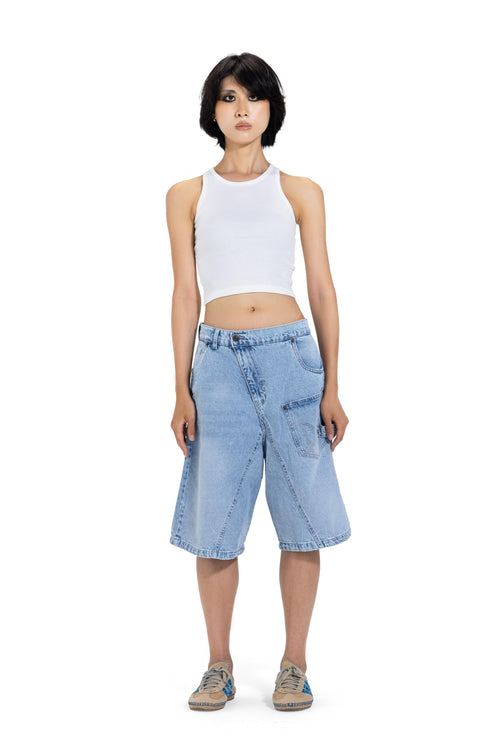 Asymmetric Cargo Denim Shorts