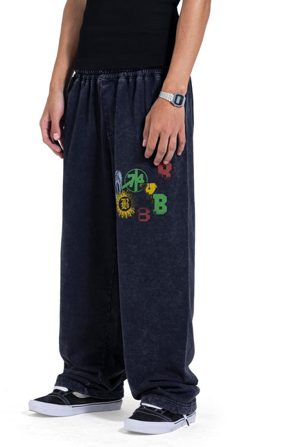 Blue Black Washed Graphic Wide Leg Pants