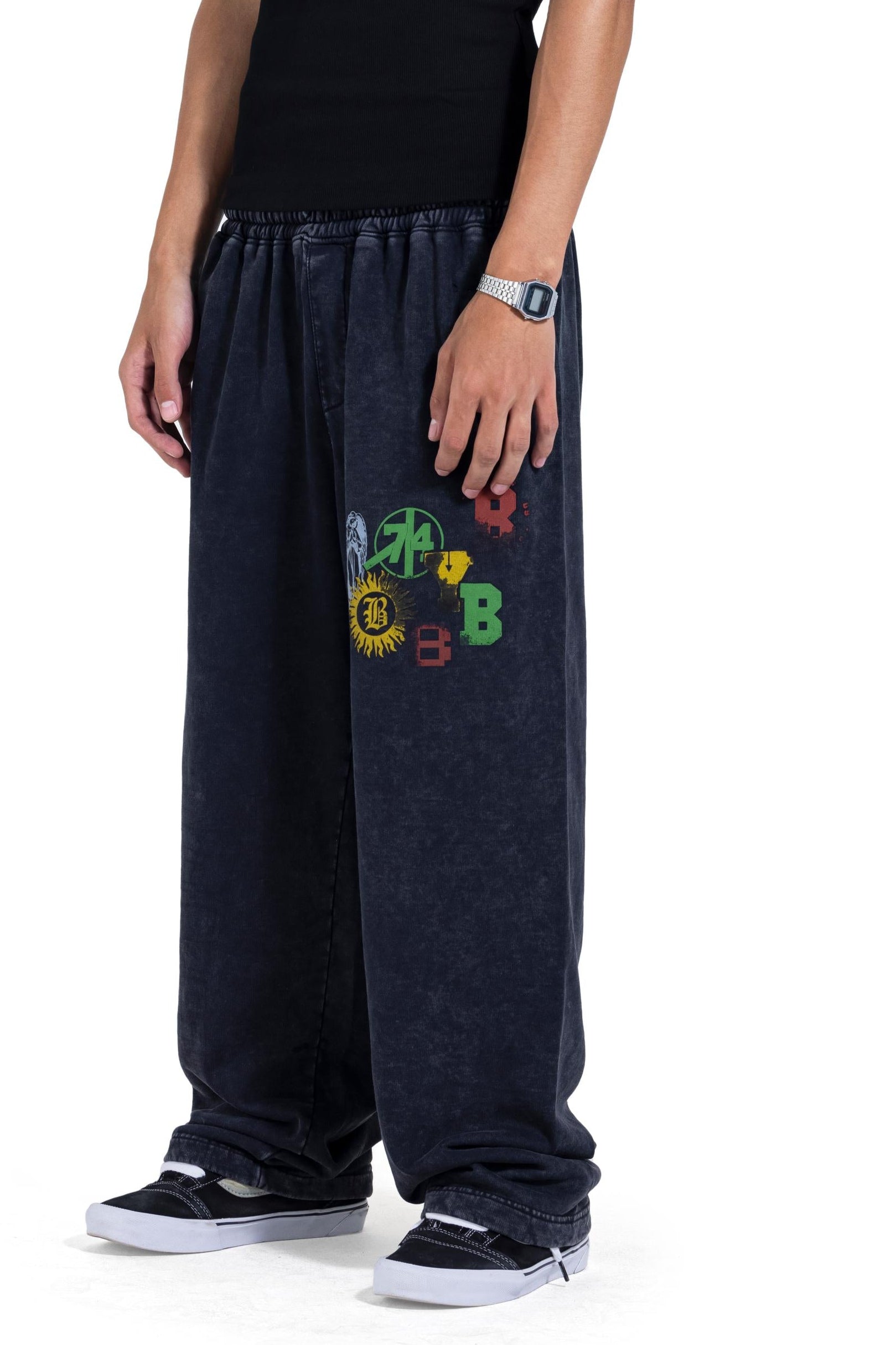 Blue Black Washed Graphic Wide Leg Pants
