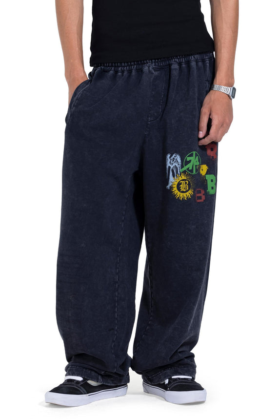 Blue Black Washed Graphic Wide Leg Pants