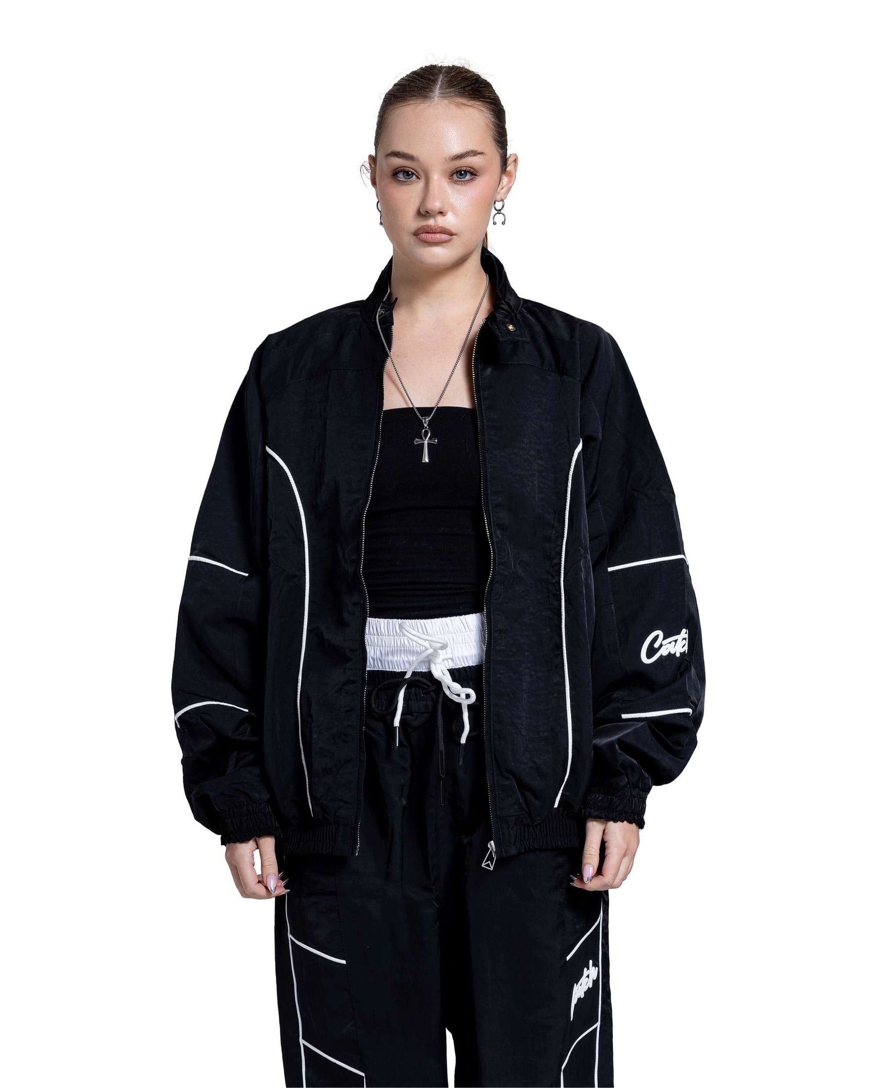 Black Oversized Tracksuit with White Piping