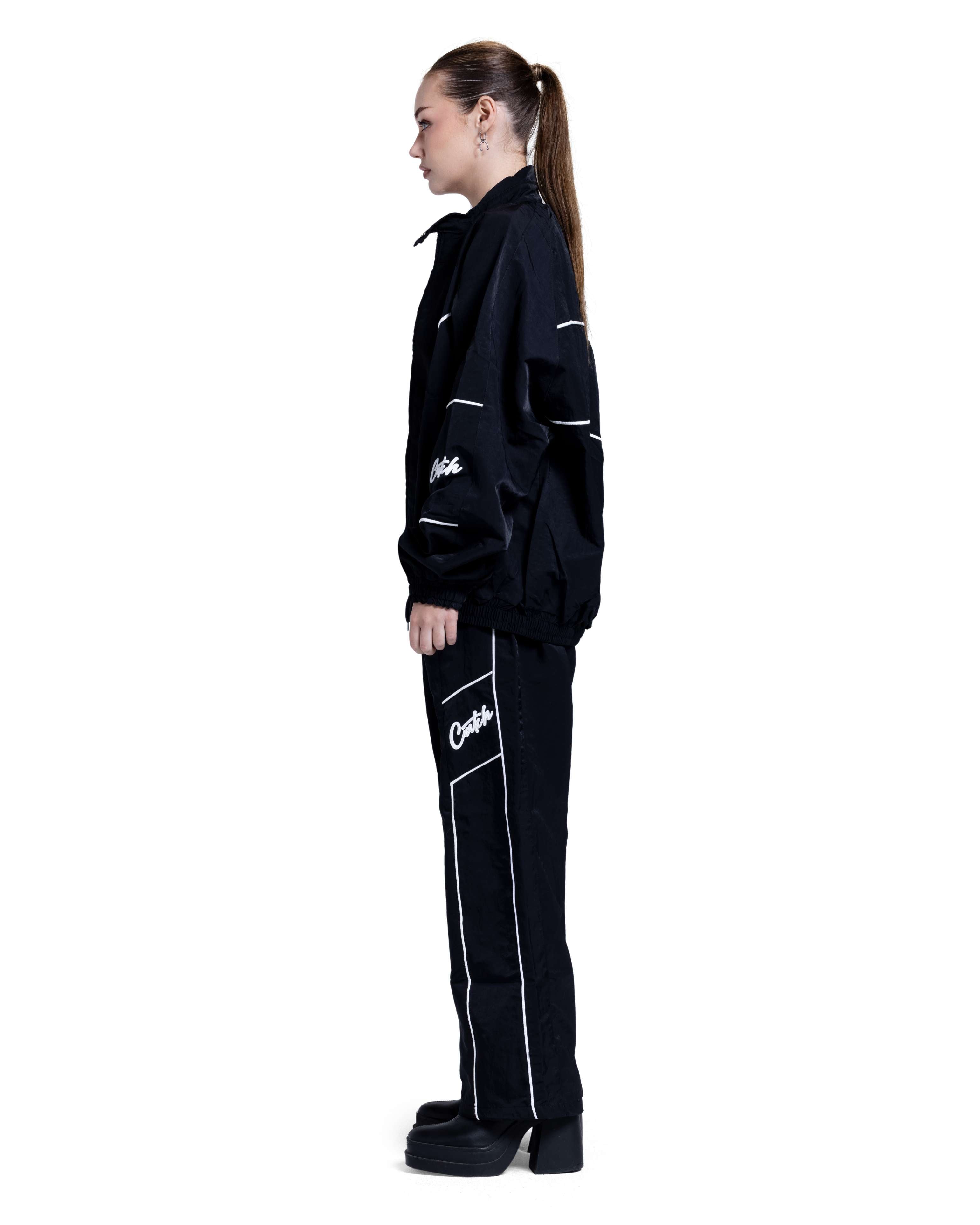 Black Oversized Tracksuit with White Piping