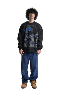 Person wearing a black Detroit Lions sweatshirt on a white background