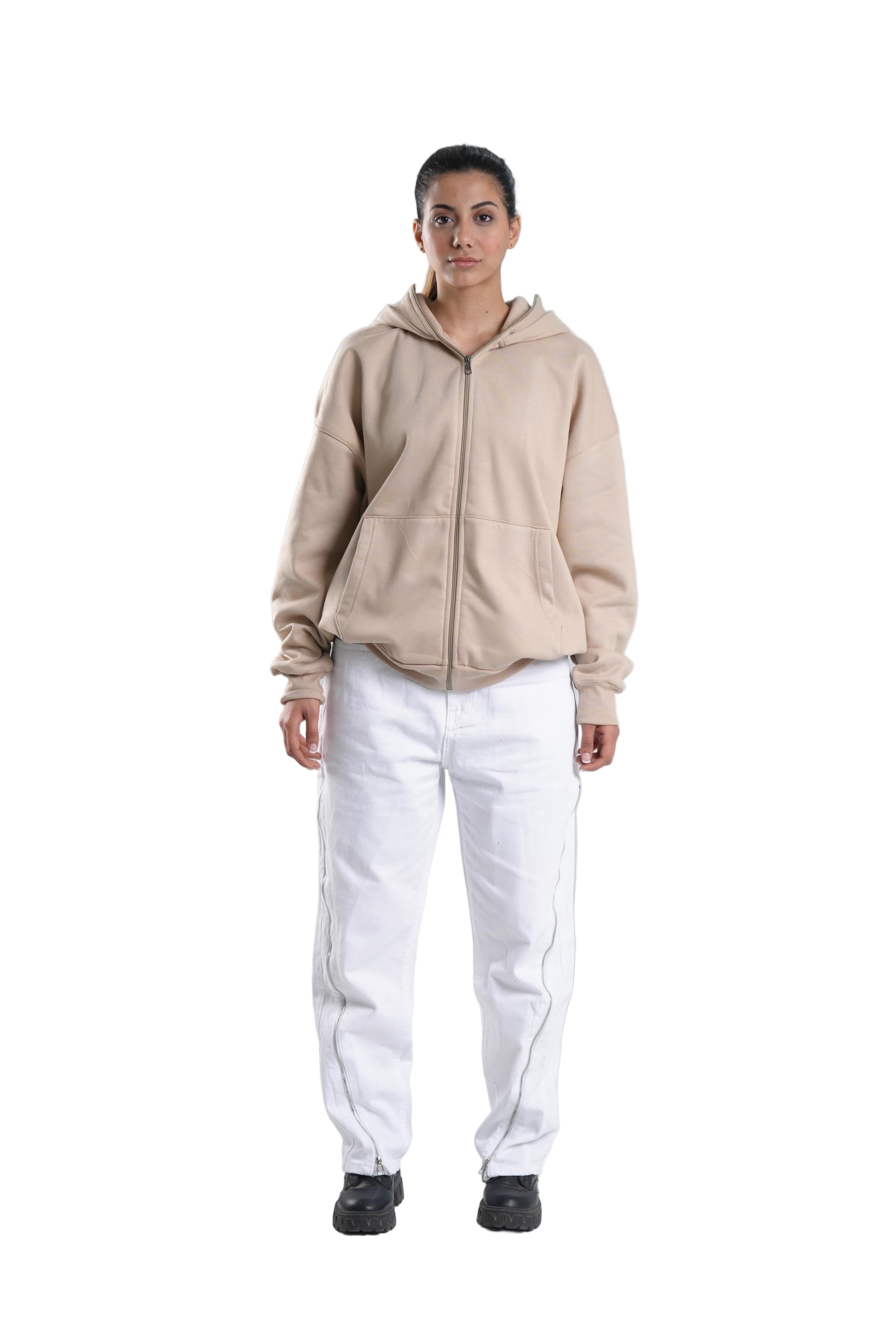 Zipper Hoodie In Beige
