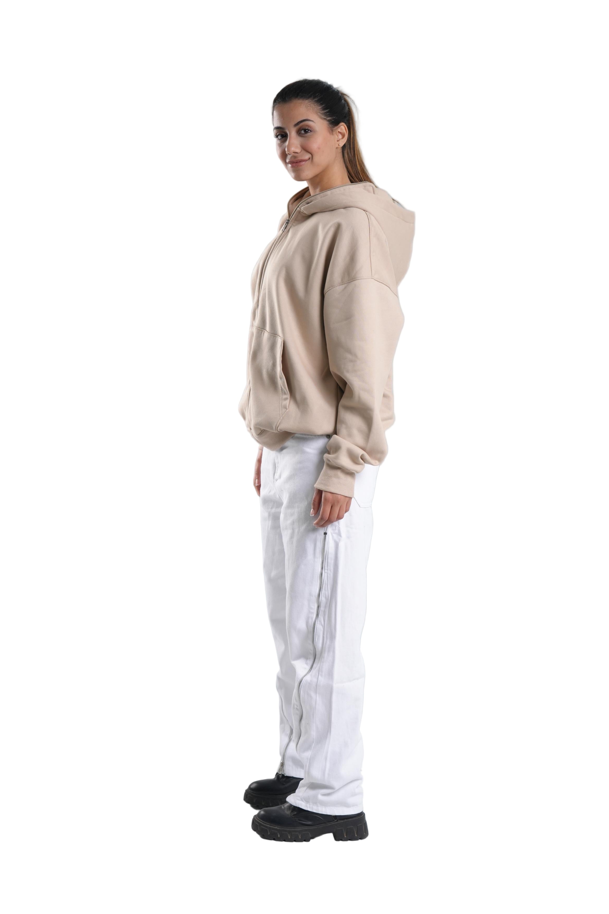 Zipper Hoodie In Beige