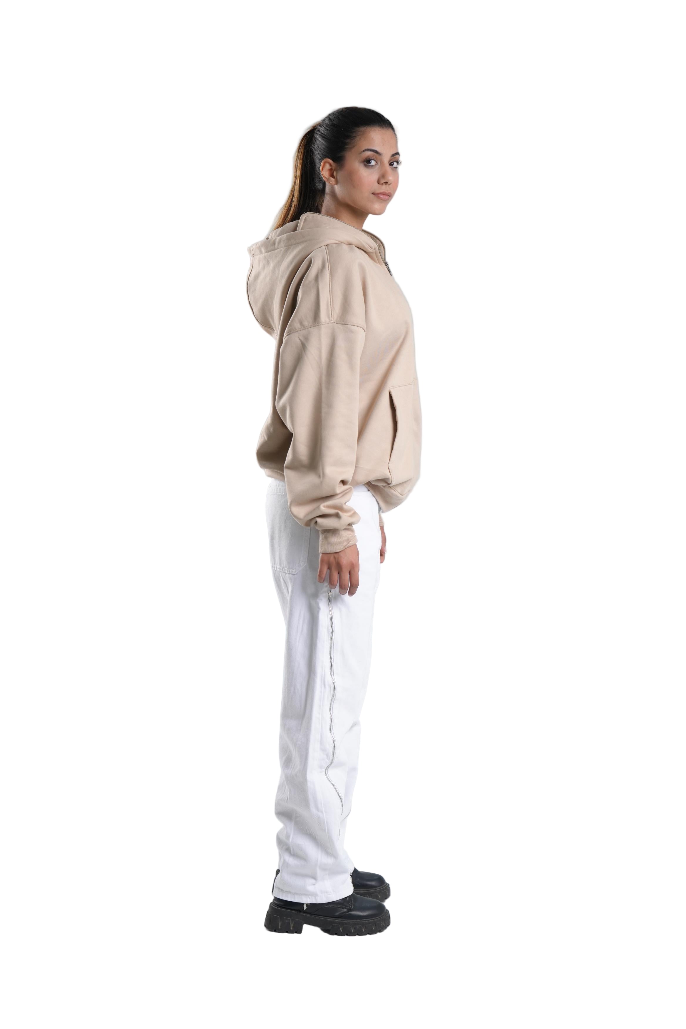Zipper Hoodie In Beige