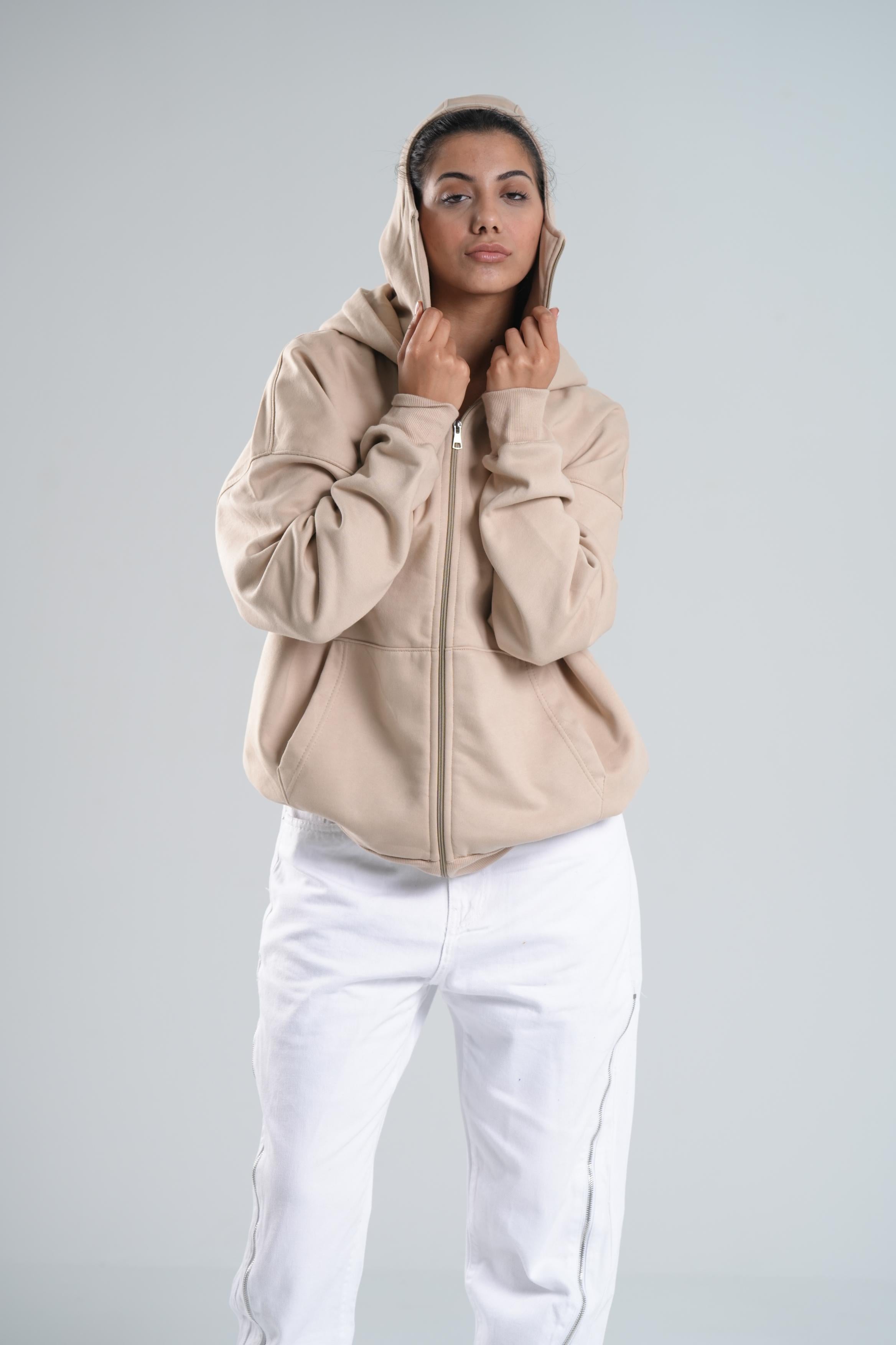 Zipper Hoodie In Beige