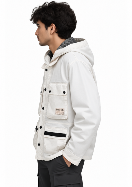 Washed Utility Pockets Hooded Jacket