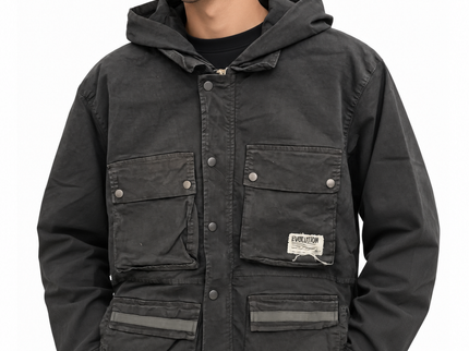 Washed Utility Pockets Hooded Jacket