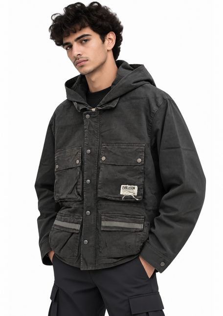 Washed Utility Pockets Hooded Jacket