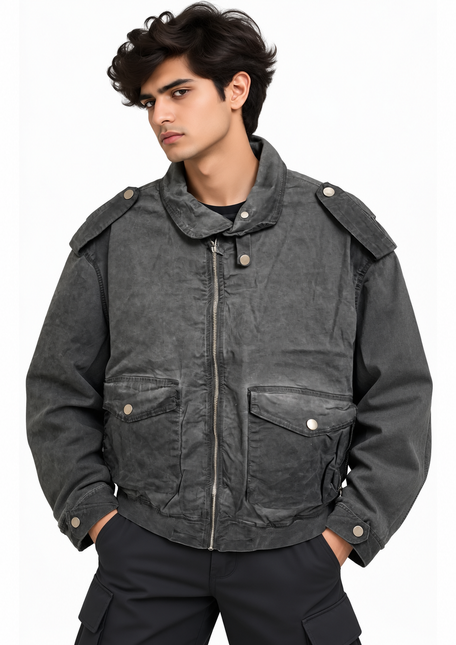 Vintage Washed Utility Jacket – Charcoal Grey