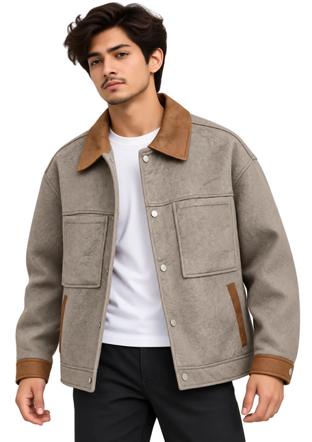Leather Contrast Collar Utility Jacket