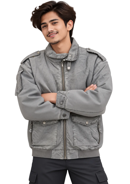Vintage Washed Utility Jacket – Charcoal Grey
