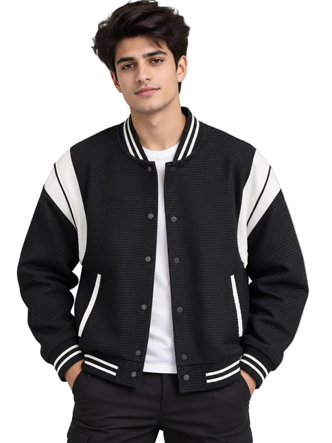 Black & White Textured Varsity Jacket