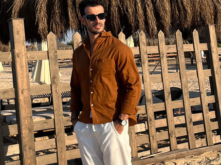 Premium Linen Long Sleeve Shirt - Brown
