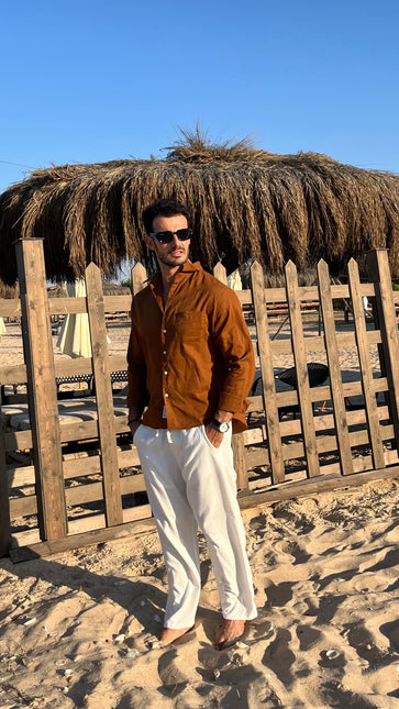 Premium Linen Long Sleeve Shirt - Brown