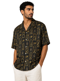 Egyptian Hieroglyphic Relaxed Resort Shirt – Black