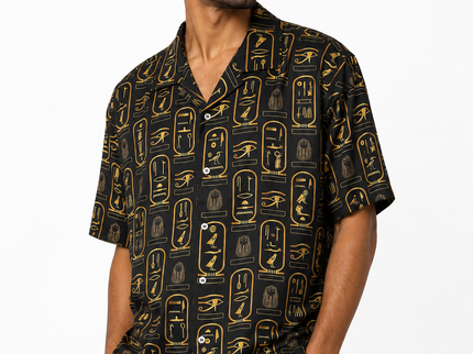 Egyptian Hieroglyphic Relaxed Resort Shirt – Black
