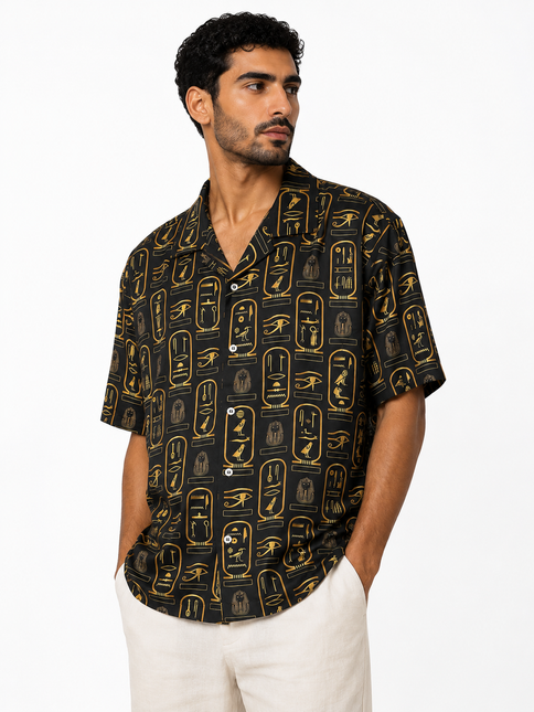 Egyptian Hieroglyphic Relaxed Resort Shirt – Black