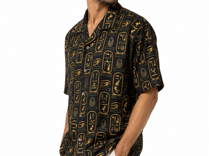 Egyptian Hieroglyphic Relaxed Resort Shirt – Black