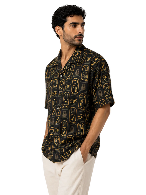 Egyptian Hieroglyphic Relaxed Resort Shirt – Black