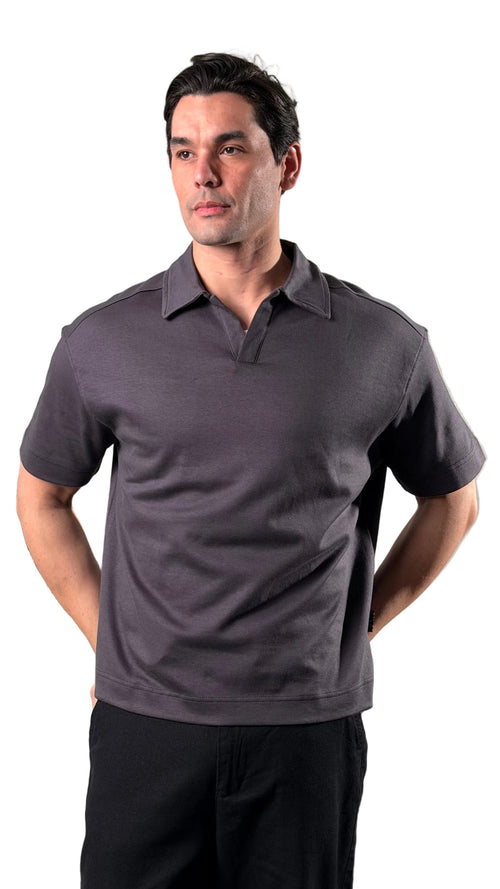 Man wearing a dark gray polo shirt standing indoors with a plant and black couch in the background.