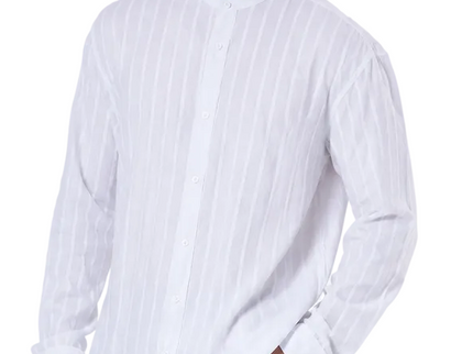 Striped Mandarin Collar Linen Blend Shirt