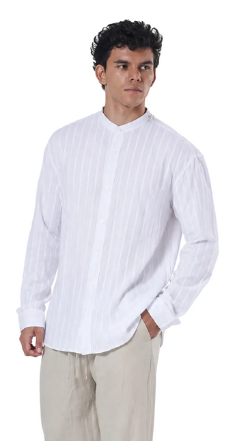 Striped Mandarin Collar Linen Blend Shirt