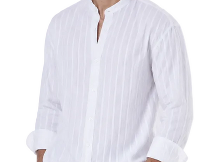 Striped Mandarin Collar Linen Blend Shirt
