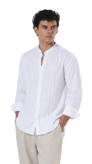 Striped Mandarin Collar Linen Blend Shirt