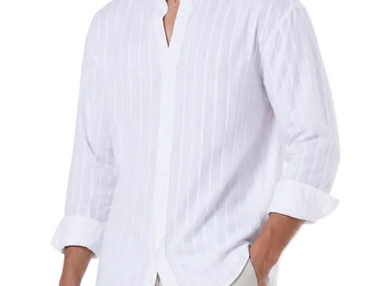 Striped Mandarin Collar Linen Blend Shirt