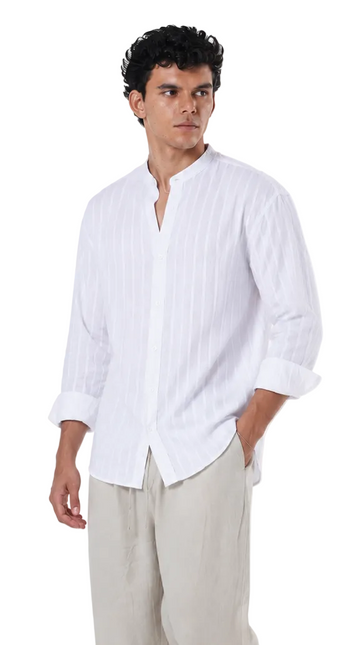 Striped Mandarin Collar Linen Blend Shirt