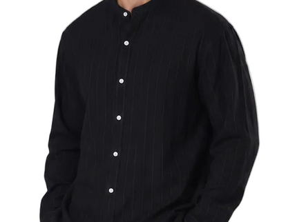 Striped Mandarin Collar Linen Blend Shirt