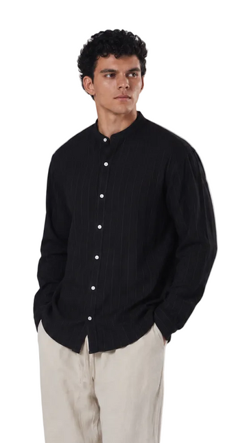 Striped Mandarin Collar Linen Blend Shirt