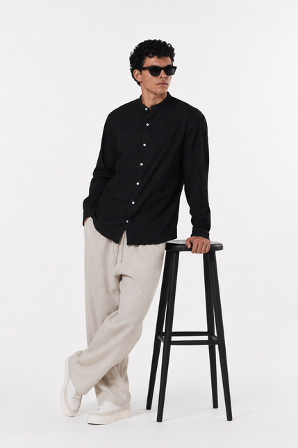 Striped Mandarin Collar Linen Blend Shirt
