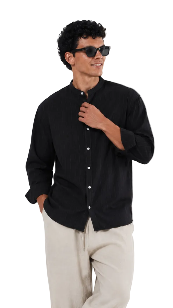 Striped Mandarin Collar Linen Blend Shirt