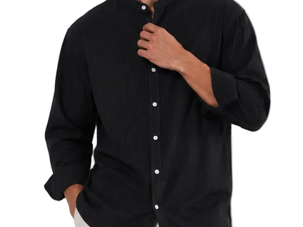 Striped Mandarin Collar Linen Blend Shirt