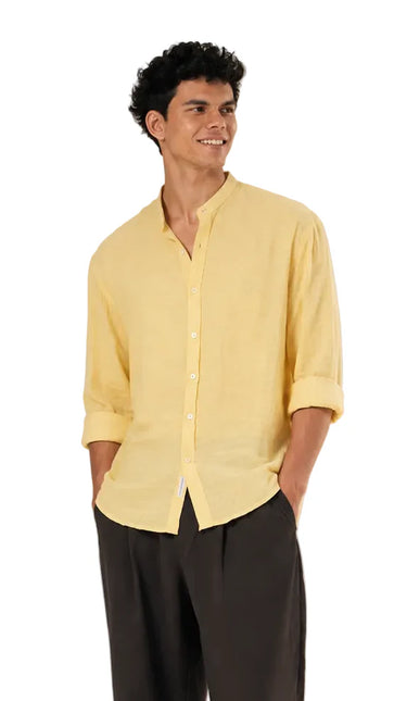 Textured Mandarin Collar Linen Blend Shirt
