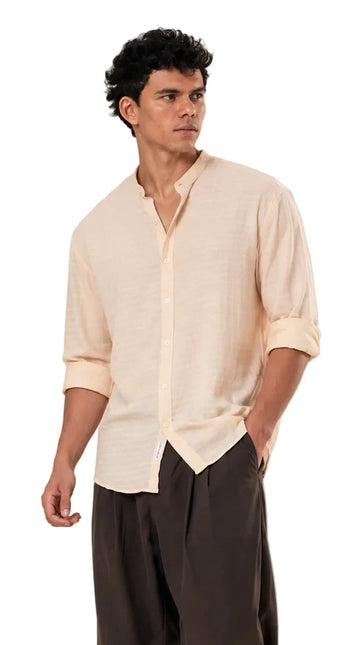 Textured Mandarin Collar Linen Blend Shirt