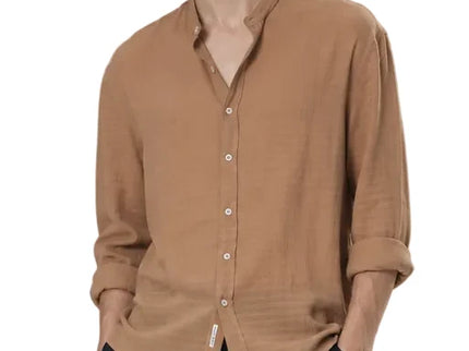 Textured Mandarin Collar Linen Blend Shirt
