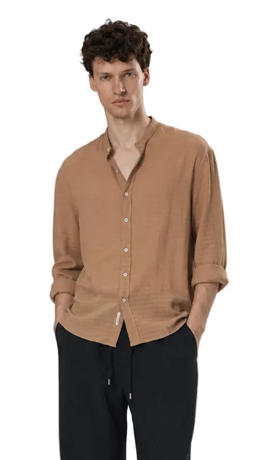 Textured Mandarin Collar Linen Blend Shirt
