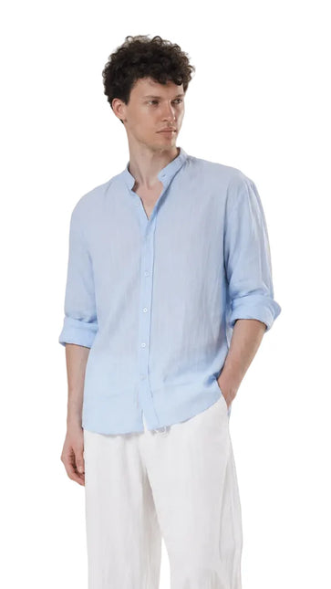 Textured Mandarin Collar Linen Blend Shirt