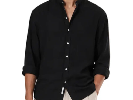 Textured Mandarin Collar Linen Blend Shirt