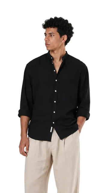 Textured Mandarin Collar Linen Blend Shirt