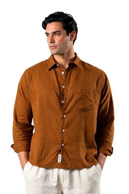 Premium Linen Long Sleeve Shirt - Brown