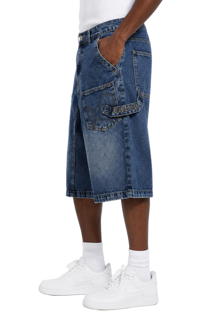 Asymmetric Cargo Denim Shorts