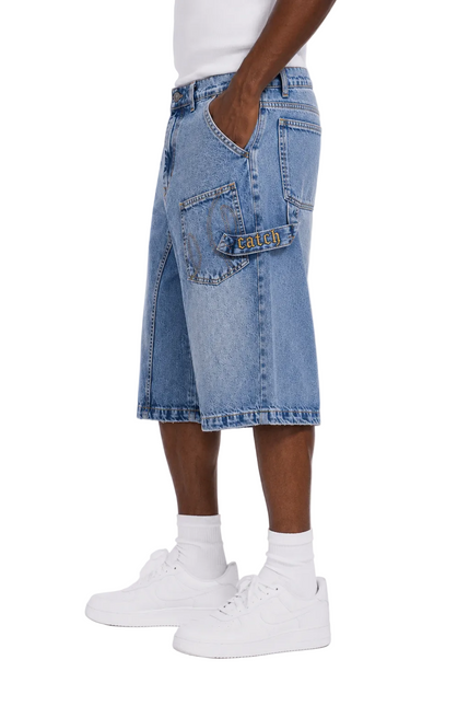 Asymmetric Cargo Denim Shorts