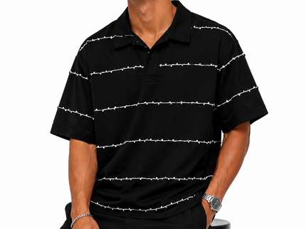 Riviera Textured Stripe Open Collar Box Fit Polo – White