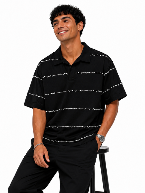 Riviera Textured Stripe Open Collar Box Fit Polo – White