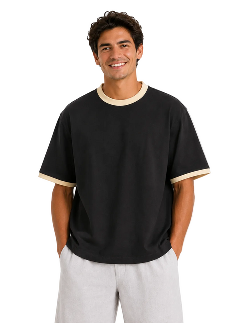 Contrast Edge Box Fit T-Shirt – Black & Sand